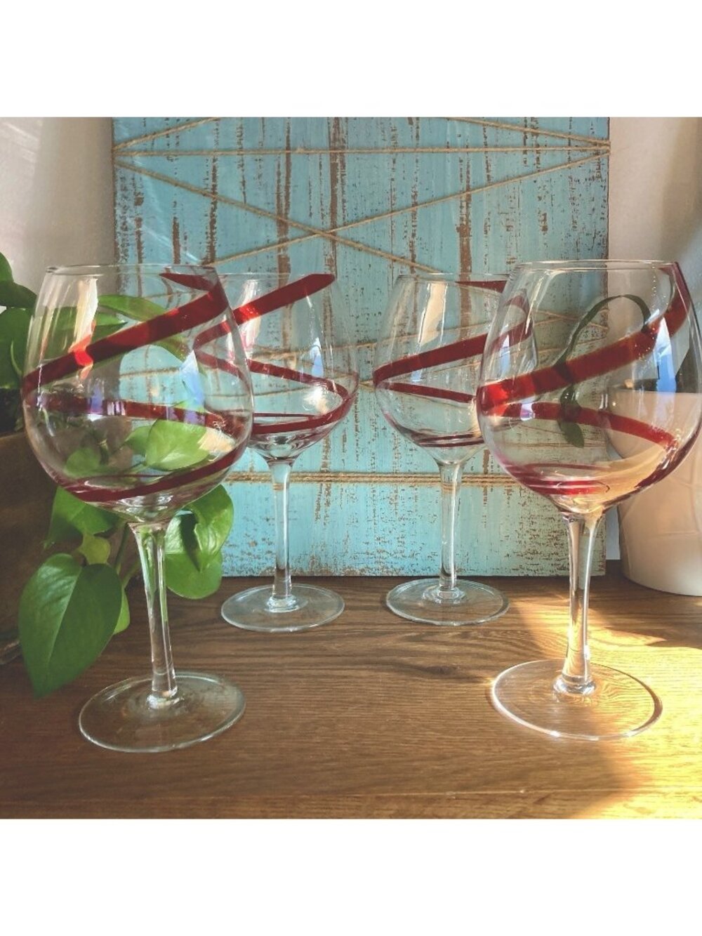 Pier 1 Imports Swirline Red Balloon Wine Glasses (Set of 4) Retired 8-1/2” Tall